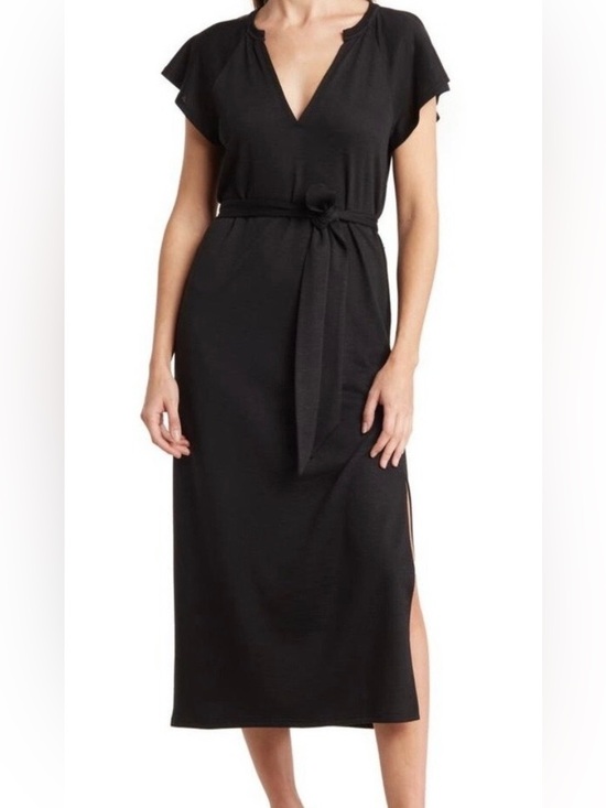 PAIGE Dresses & Skirts - Paige blossom flutter sleeve belted light weight knit midi dress black sz m
